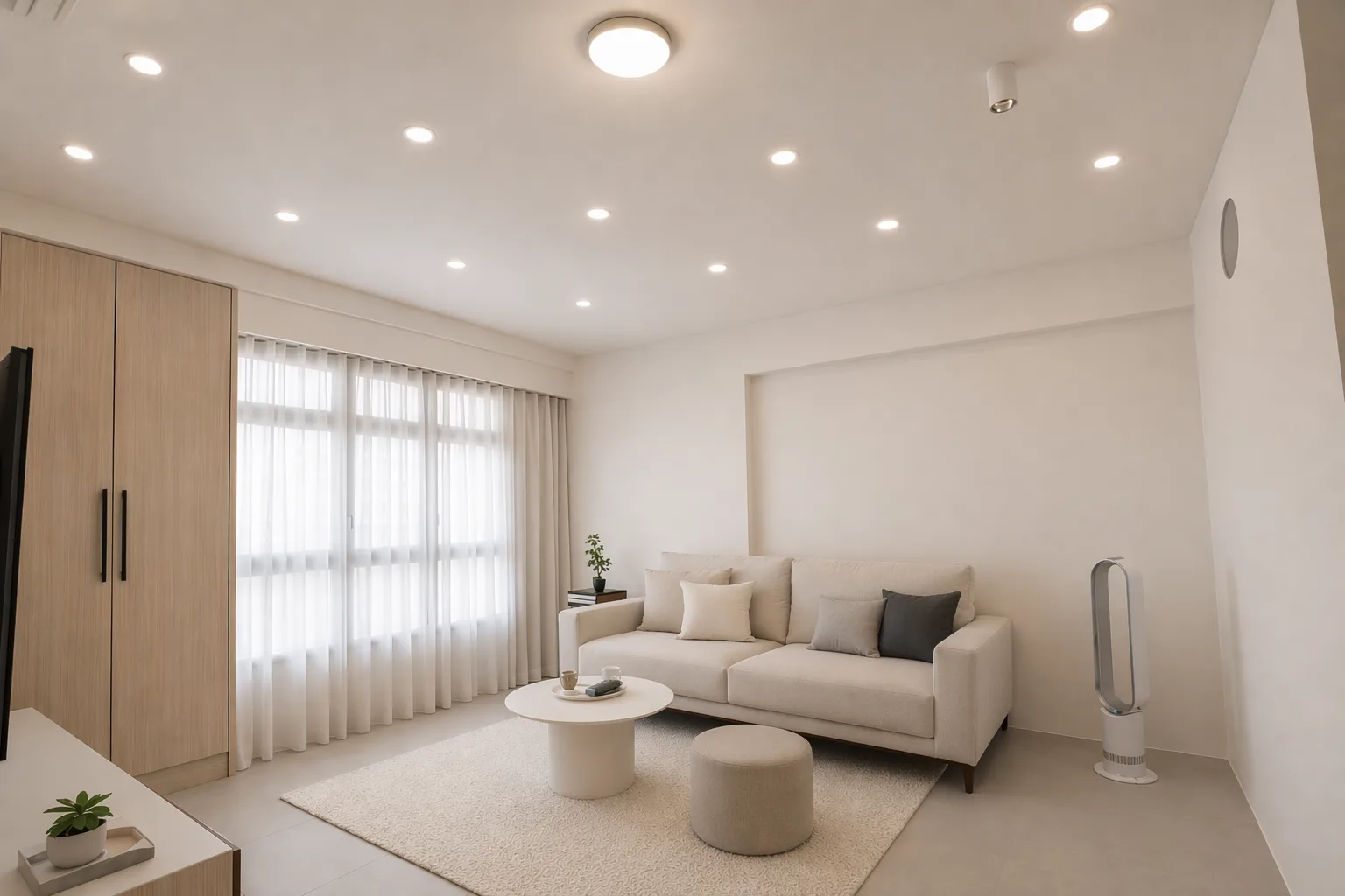 A common HDB lighting mistake: an overcrowded grid of downlights creates harsh shadows and lacks the depth of layered lighting. 