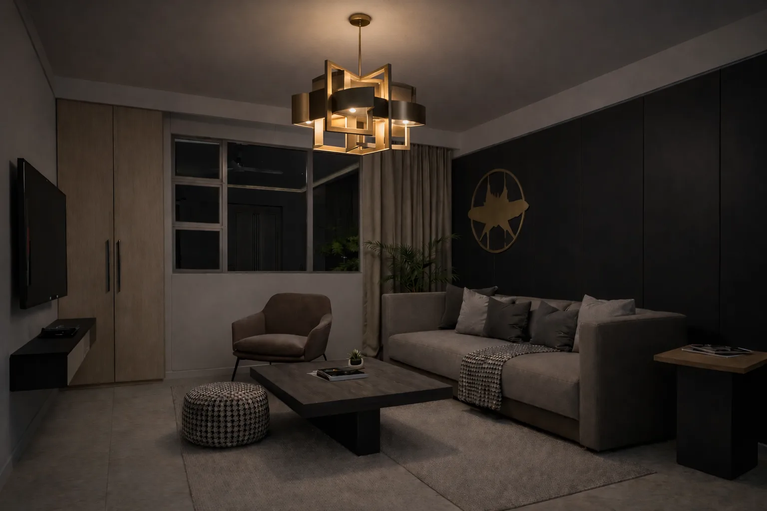Impractical lighting in a Singapore home with harsh shadows and dark corners, showing overdesigned aesthetics often seen in HDB and BTO flats.