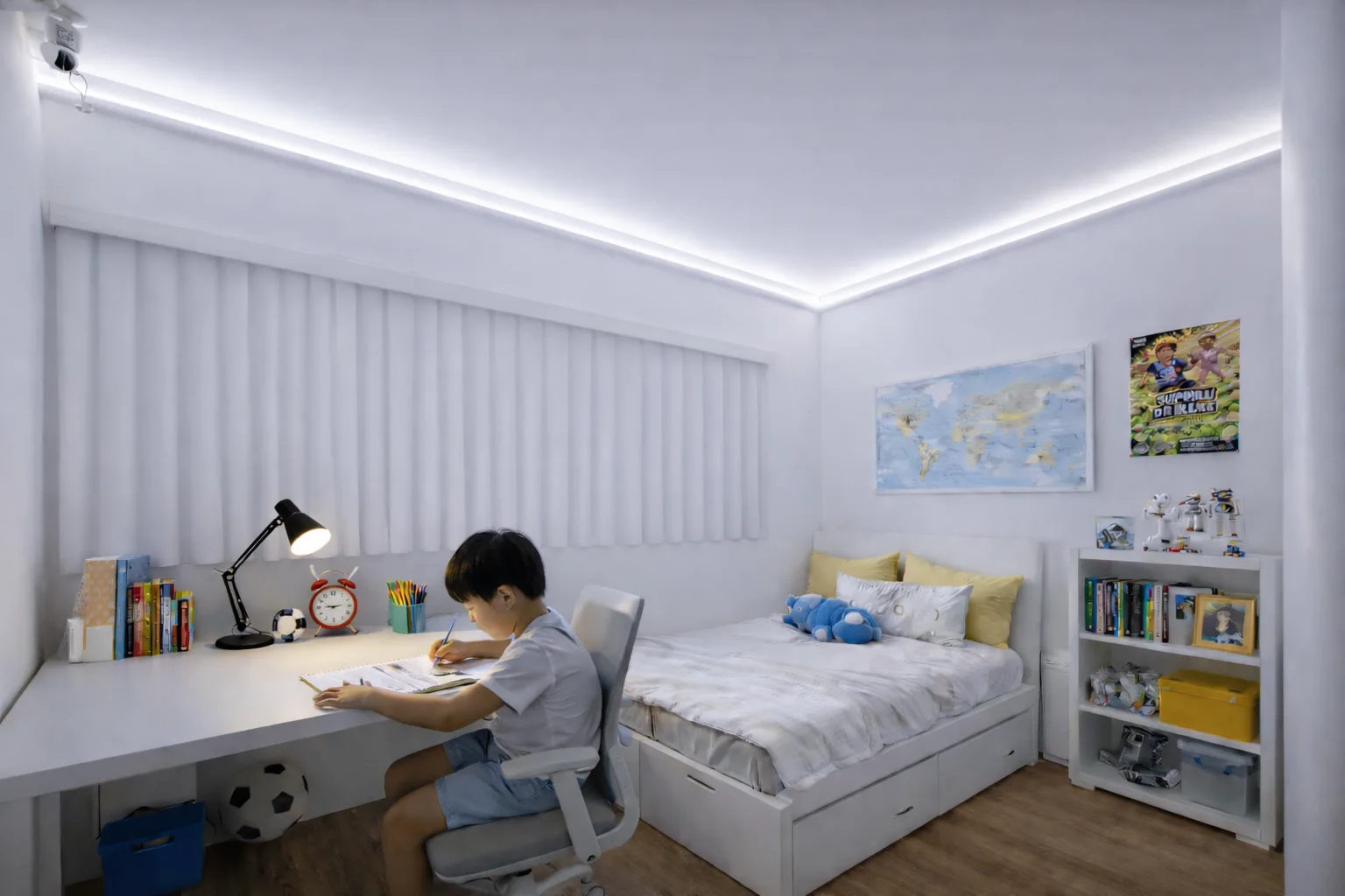 Functional layered lighting in a Singapore home bedroom, providing glare-free comfort for HDB and BTO study areas.