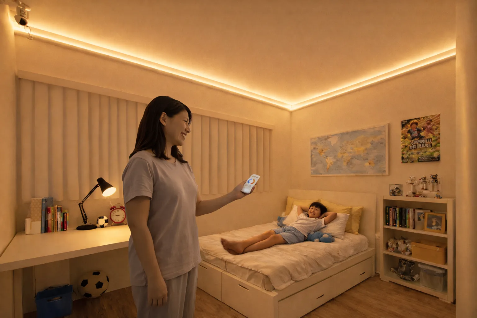 Adjusting warm tunable light in a Singapore home, creating a restful haven for family life in HDB and BTO flats.